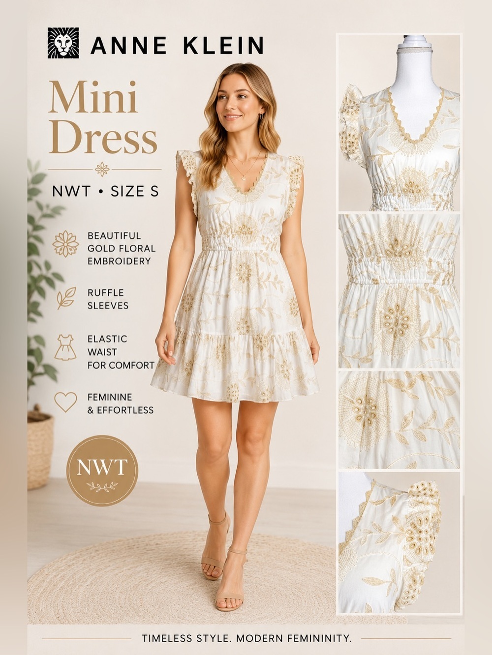Anne Klein Embroidered Eyelet Ruffle V-Neck Mini Dress Ivory Gold Size S